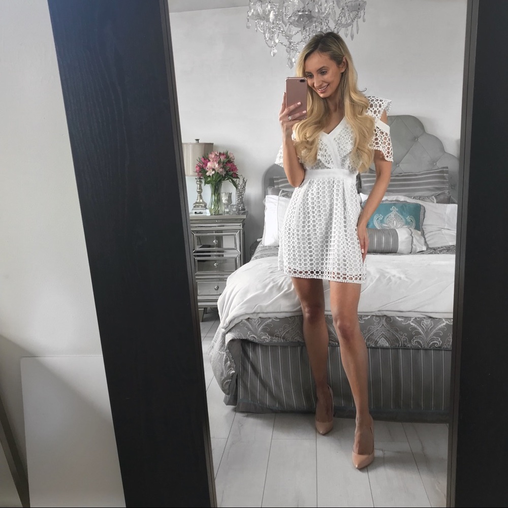 White One-Shoulder Guipure-Lace Mini Dress - Picture 3 of 8